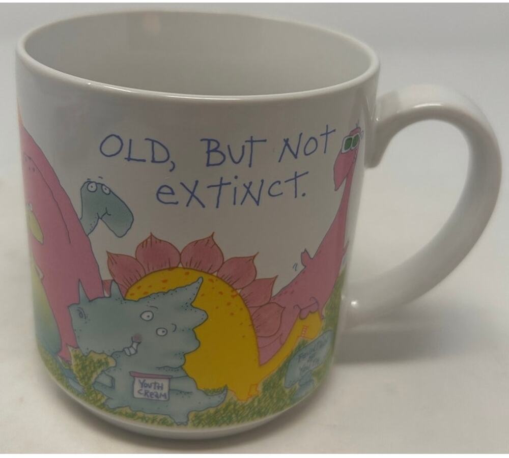 Mugs Carlton Cards Pink Blue 'Old, But Not Extinct' 3 1/2"‎ Tall x 3 1/2" Wide